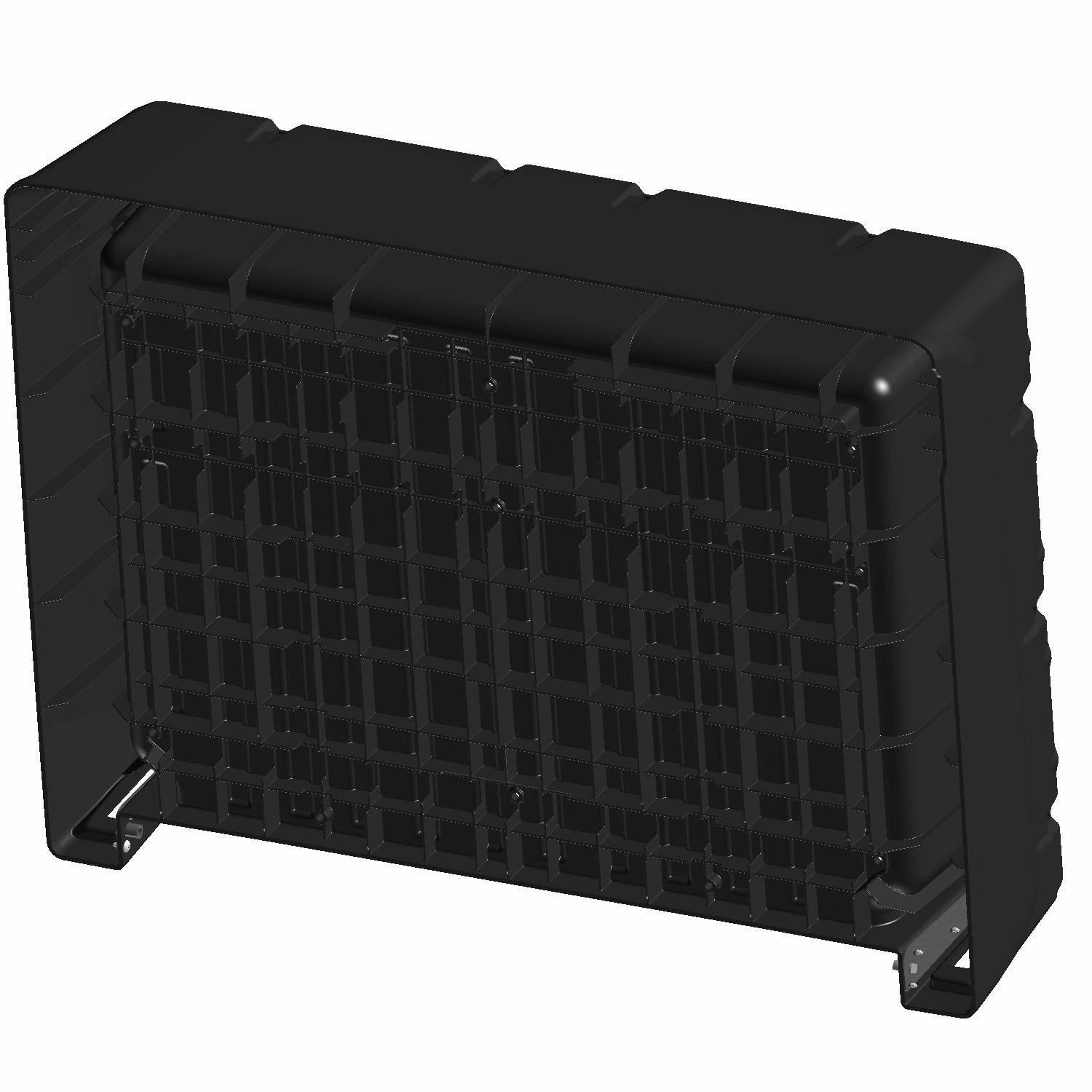 Black rectangular hard plastic cargo box with a grid pattern and reinforced edges.