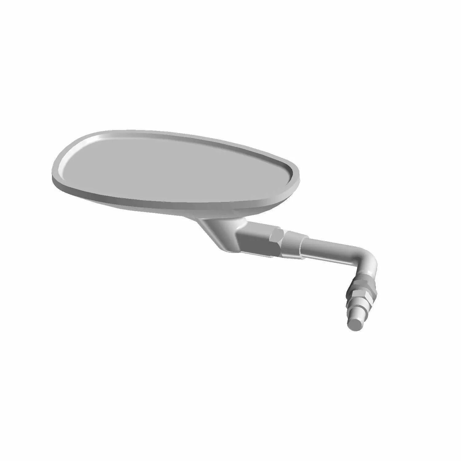 Chrome left motorcycle mirror with oval reflective surface and angled adjustable arm.