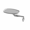 Chrome left motorcycle mirror with oval reflective surface and angled adjustable arm.