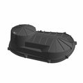 Black plastic outer clutch cover with ribbed reinforcements and mounting holes for Polaris UTVs.