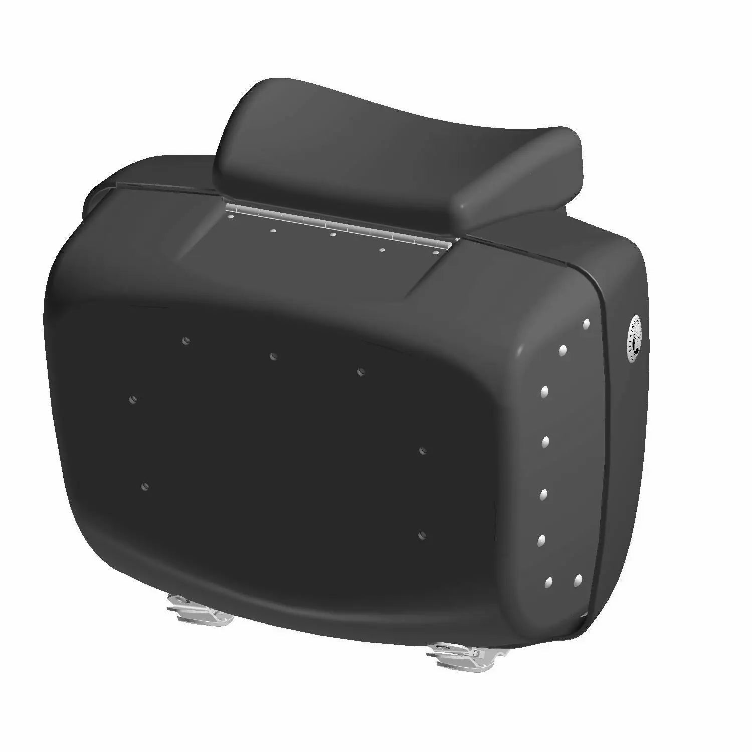 Black leather motorcycle trunk with smooth front and studded edges, compact rectangular shape.