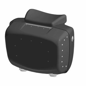 Black leather motorcycle trunk with smooth front and studded edges, compact rectangular shape.