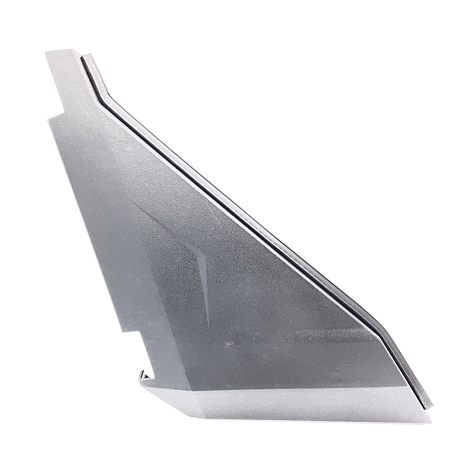 Gray plastic right bolster bar panel with angular shape and integrated contour lines.