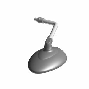 Chrome left motorcycle side mirror with oval reflective surface and angled stem mount.