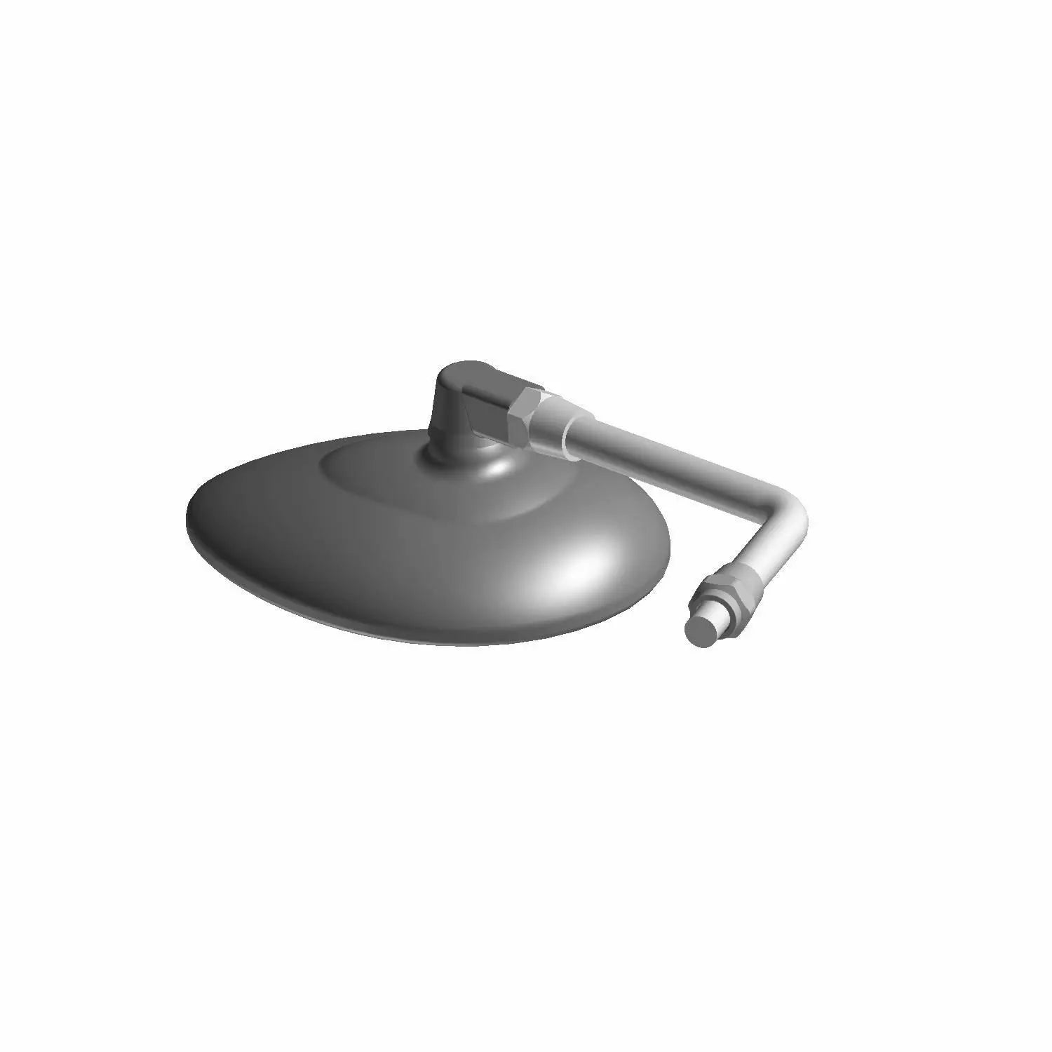 Chrome right-side motorcycle mirror with rounded rectangular reflective surface and adjustable arm.