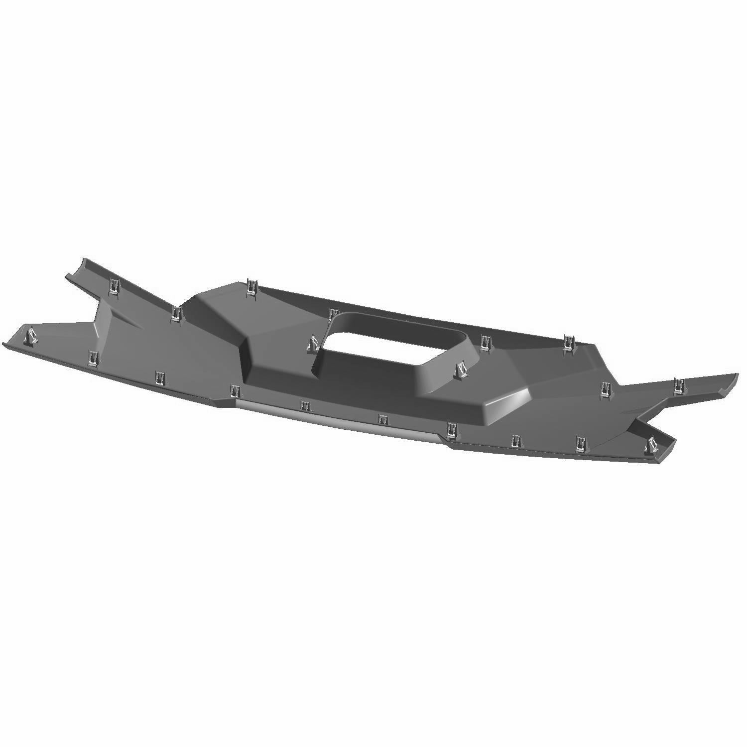 Matte black angular metal tailgate trim with mounting holes and reinforced edges for Polaris UTVs.