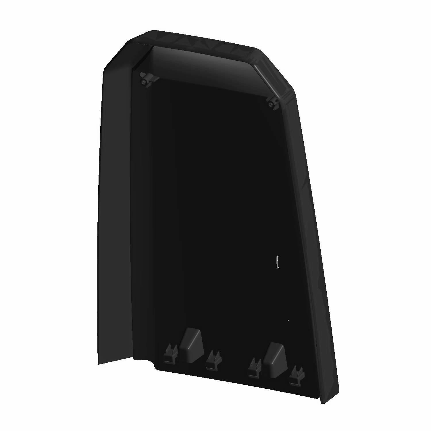 Black hard plastic center console cover with angled edges and mounting points.