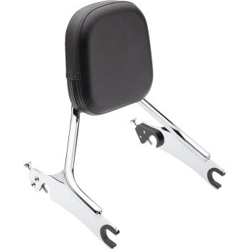 The Detachable Backrest - Chrome - Short by Cobra is a motorcycle accessory featuring a black padded cushion and sleek chrome frame, designed to offer comfort and support for your passenger.