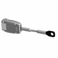 Gray and black Polaris seat belt buckle with an extended metal mounting strap.