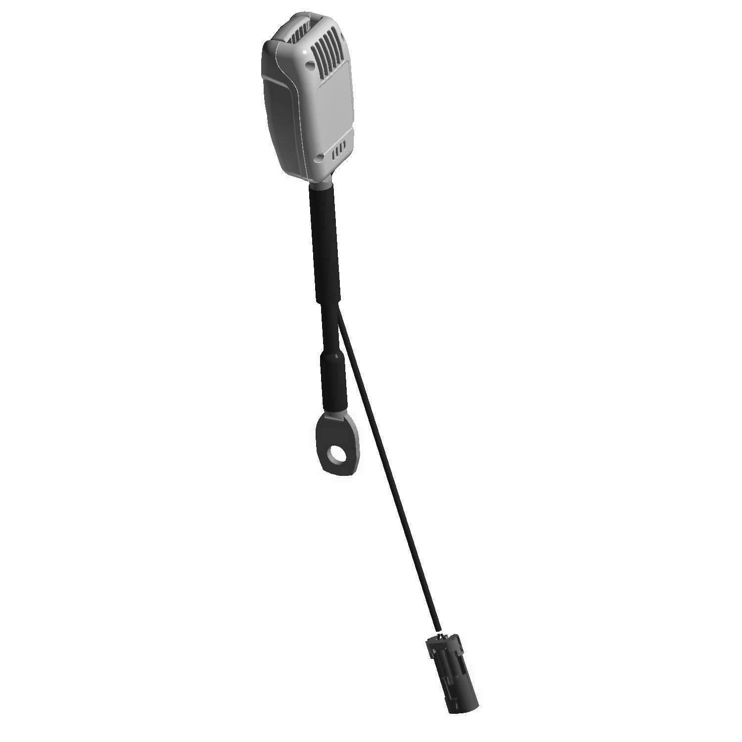 Gray and black Polaris seat belt buckle with integrated mounting hole and connector plug.
