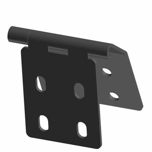 Black metal trunk hinge with multiple oval mounting holes and a cylindrical pivot pin.