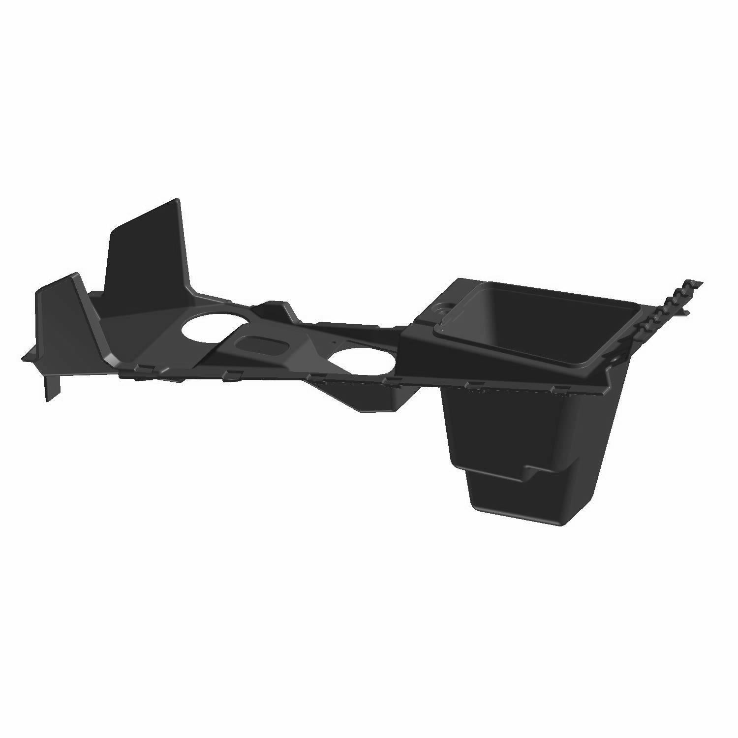 Black plastic center console top with multiple cutouts and a contoured design for Polaris UTVs.