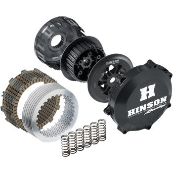 Exploded view of the Clutch Kit by Hinson Racing, featuring metal and friction plates, springs, and black anodized billet aluminum components for enhanced heat dissipation and superior clutch performance.