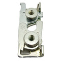 Silver metal door latch with two circular threaded mounts and a spring mechanism.