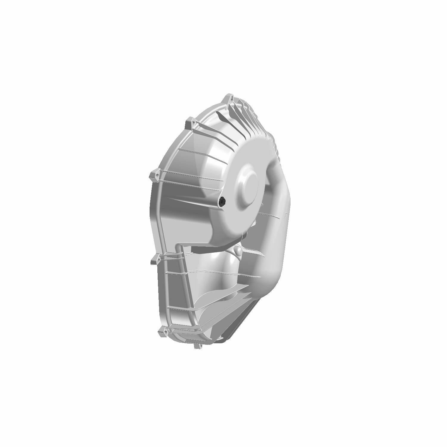 Silver-gray metallic clutch cover with curved, ribbed design and central circular cutout, for Polaris UTVs.