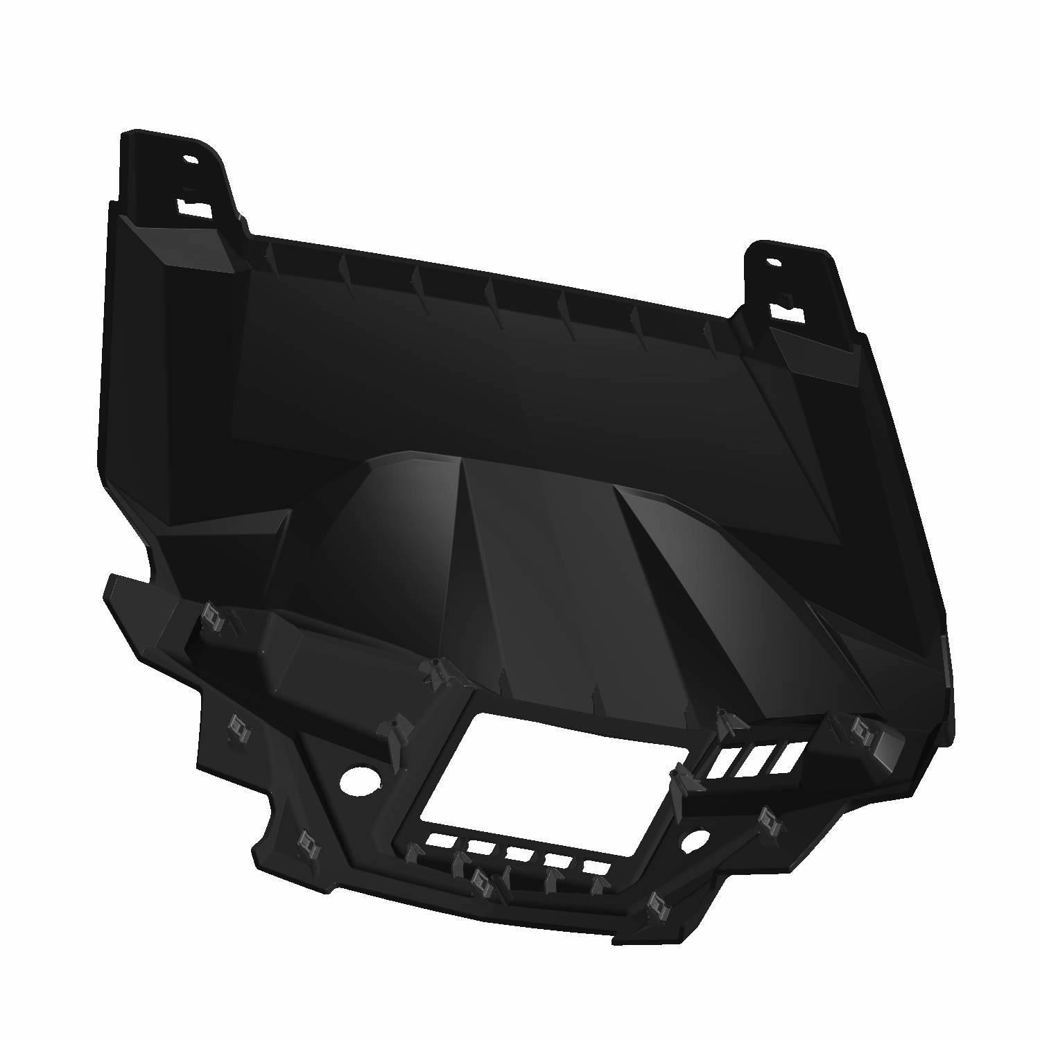Black routered upper dash panel with angular design and multiple mounting points for Polaris UTV.