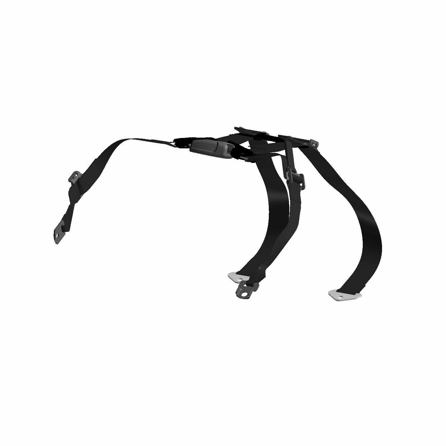 Black 4-point harness seat belt with metal buckles and adjustable straps for passenger safety.