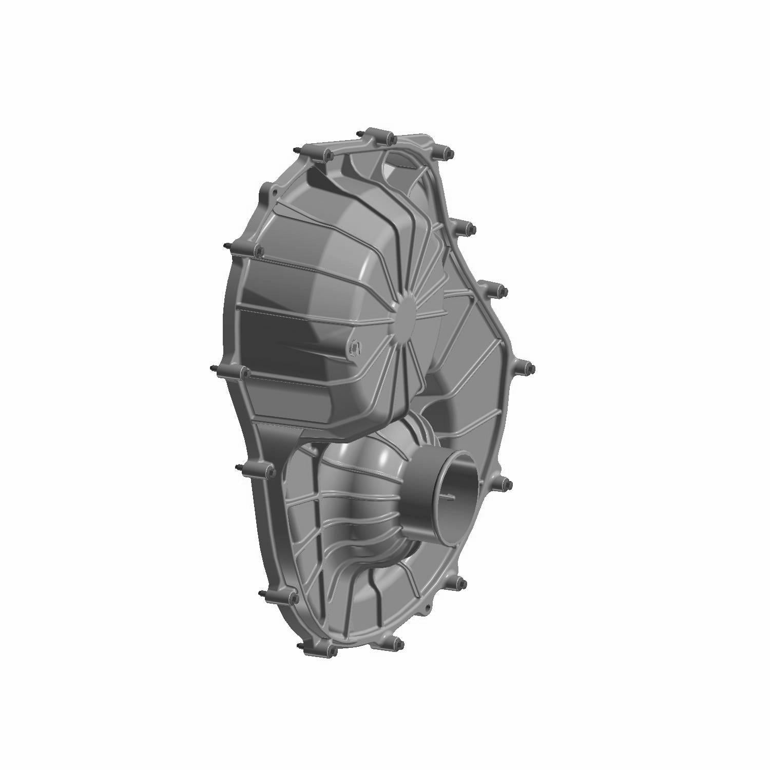 Gray molded outer clutch cover with ribbed reinforcements and multiple bolt holes around the perimeter.
