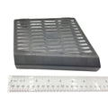 Black plastic rear inner fender with vented design and angled shape for Polaris Ranger, next to ruler.