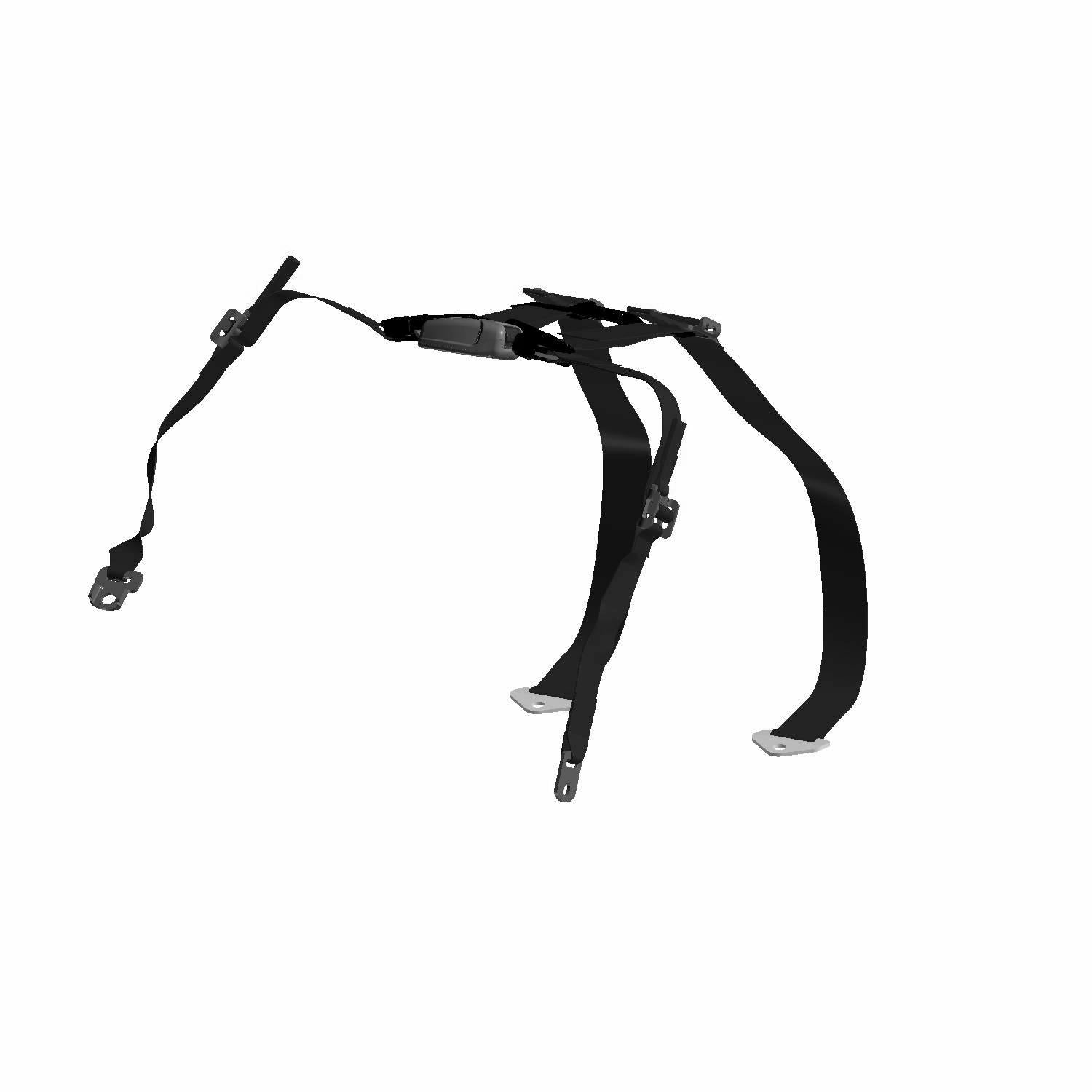 Black 4-point passenger seat belt harness with metal buckles and adjustable straps.