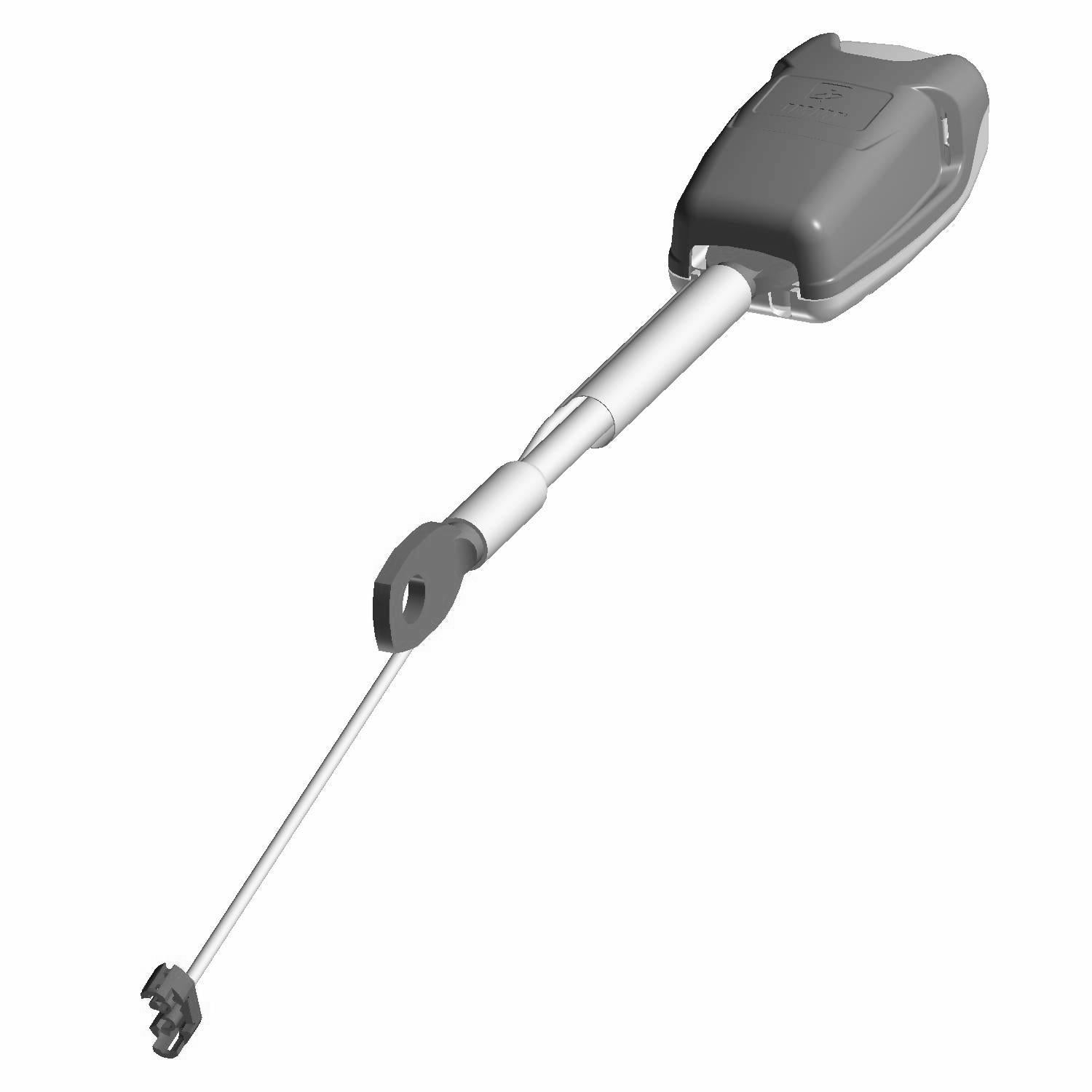 Black plastic seat belt buckle housing with an extendable metal cable and connector end.