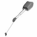 Black plastic seat belt buckle housing with an extendable metal cable and connector end.