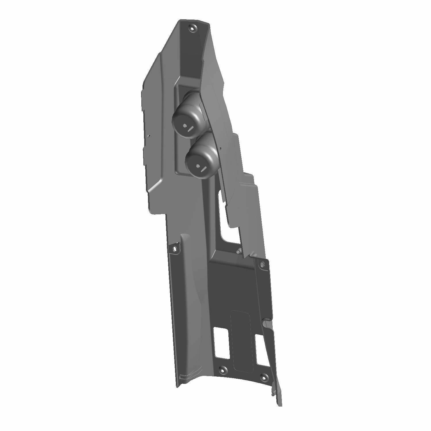 Black plastic console panel with integrated warning label and mounting holes for Polaris UTV models.