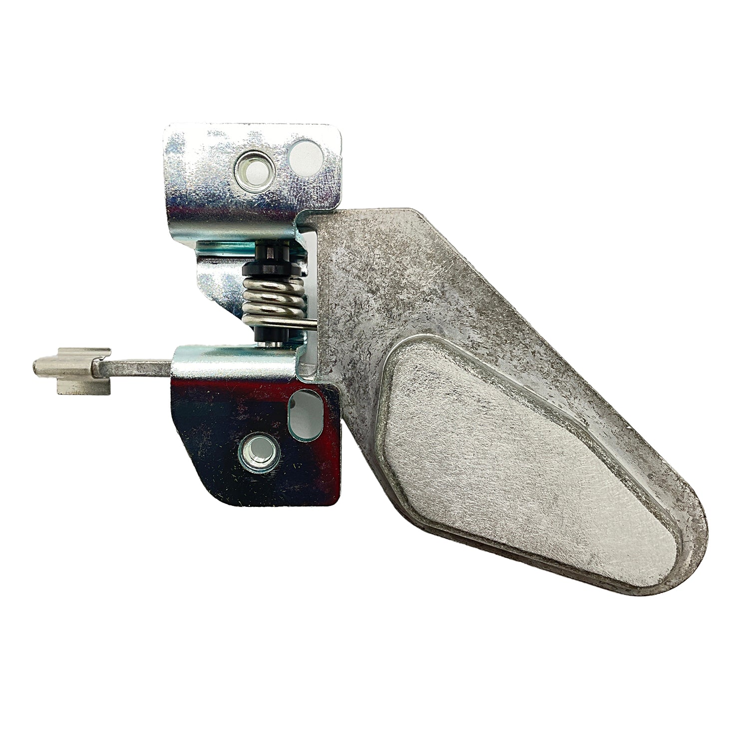 Gray metal actuator latch with spring mechanism and mounting bracket.