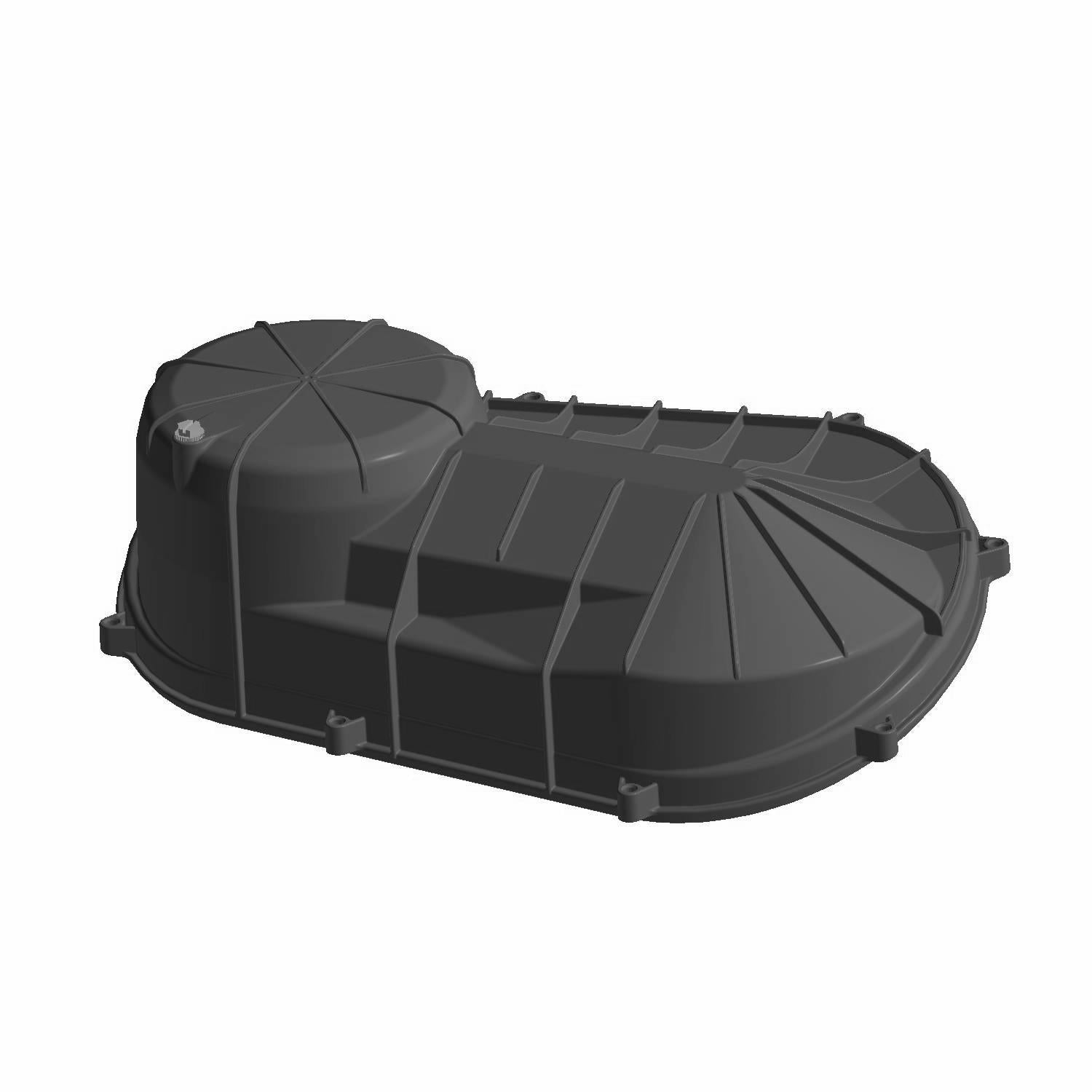 Black plastic outer clutch cover with ribbed reinforcement and mounting tabs for Polaris UTVs.