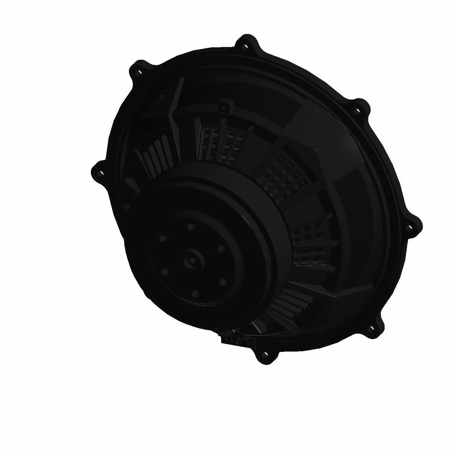 Black round Polaris audio subwoofer with multiple mounting holes and molded housing.
