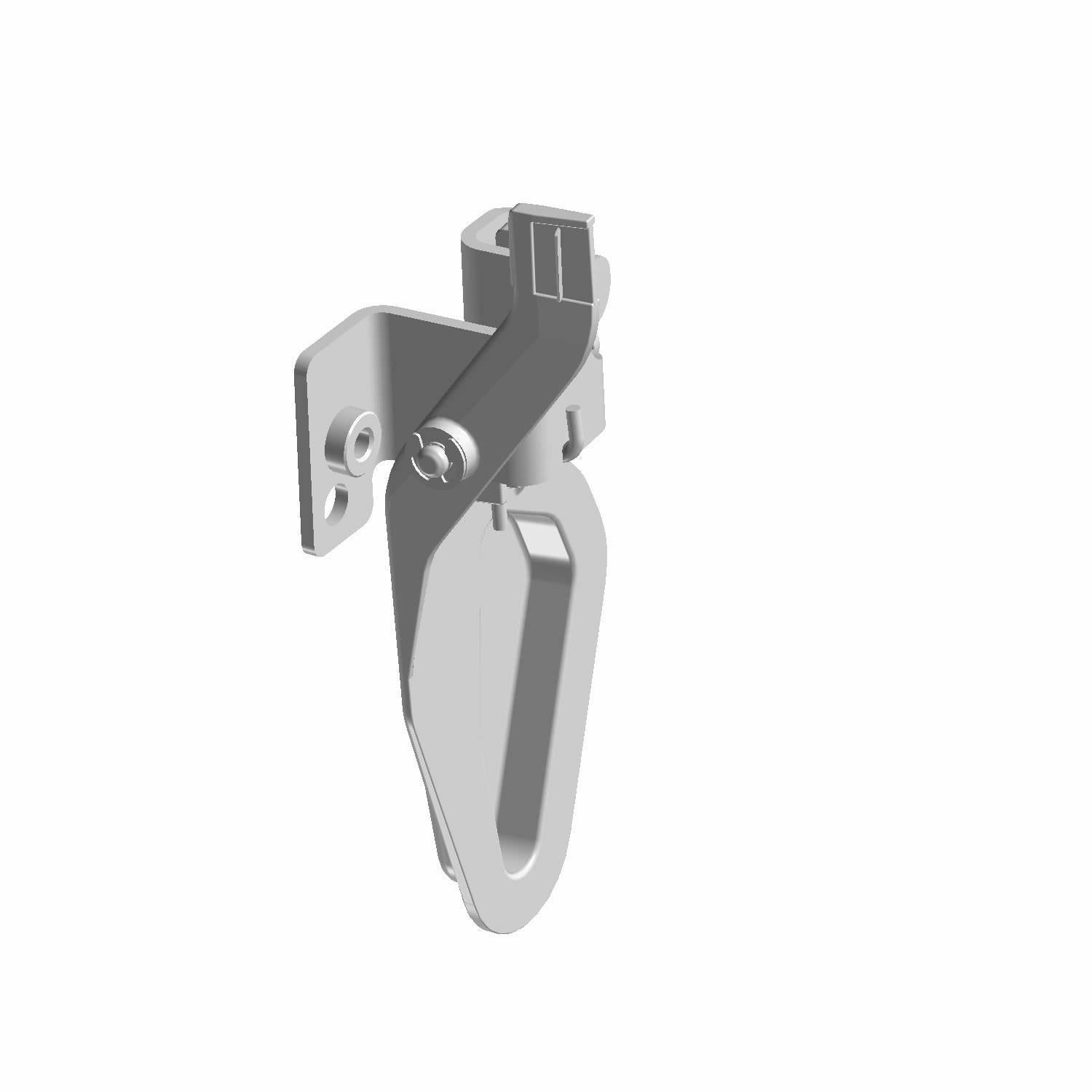 Silver metal actuator latch with angular mounting bracket and elongated handle for Polaris UTV.
