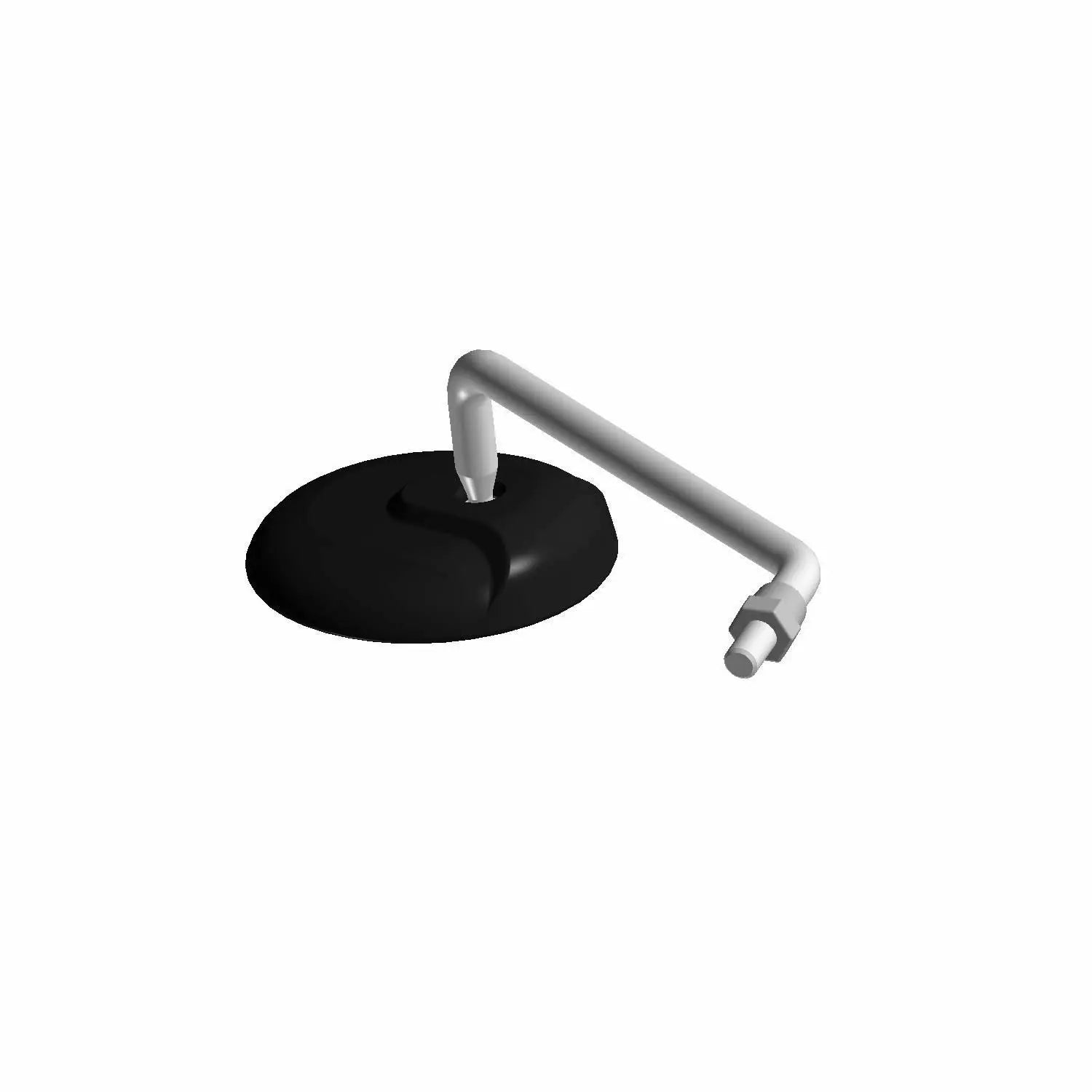 Flat black round motorcycle mirror with silver angled mounting arm and bolt attachment.