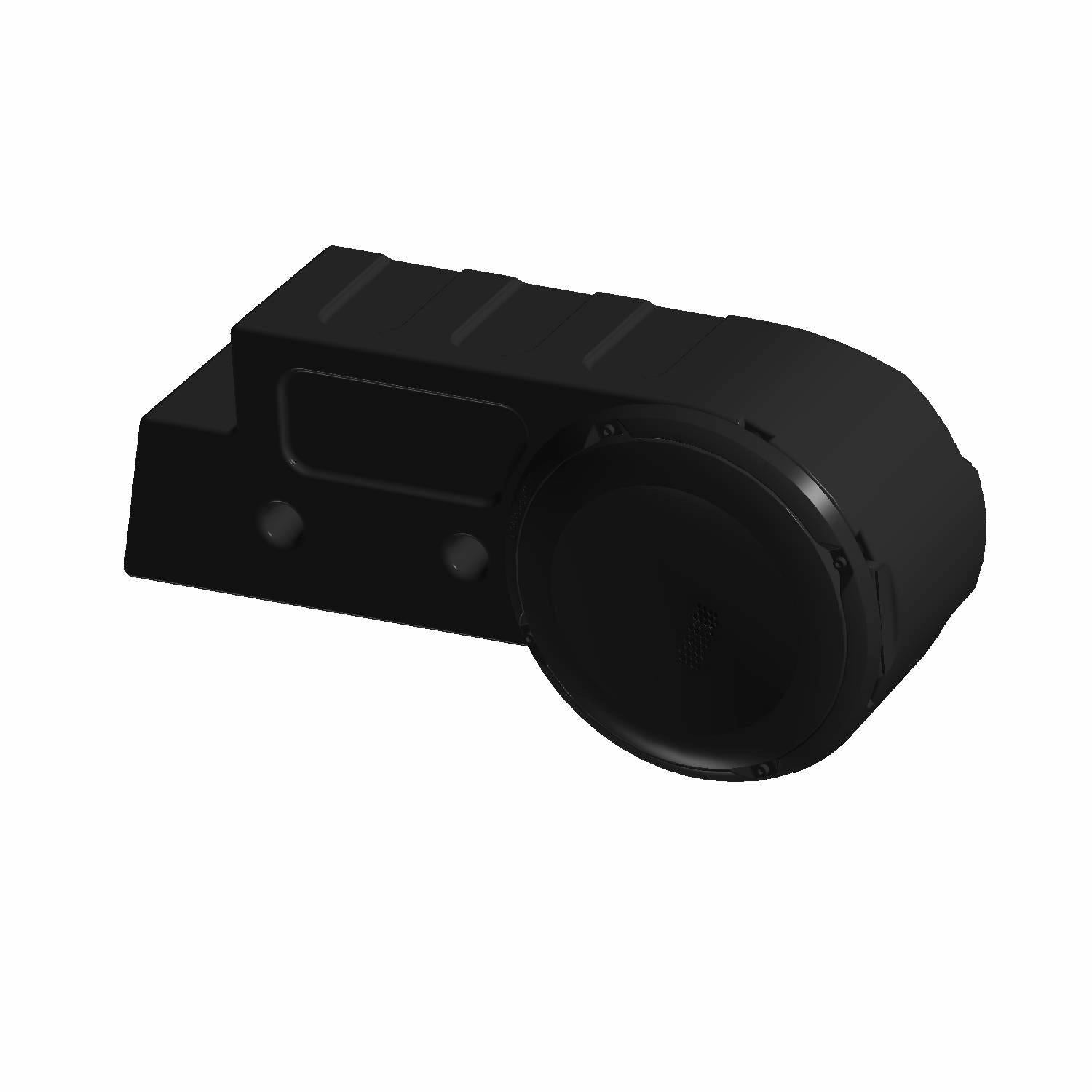 Compact black plastic subwoofer with rounded speaker housing and flat mounting base.