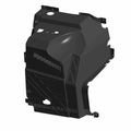 Matte black molded plastic floor clip router panel with angular design and mounting holes.