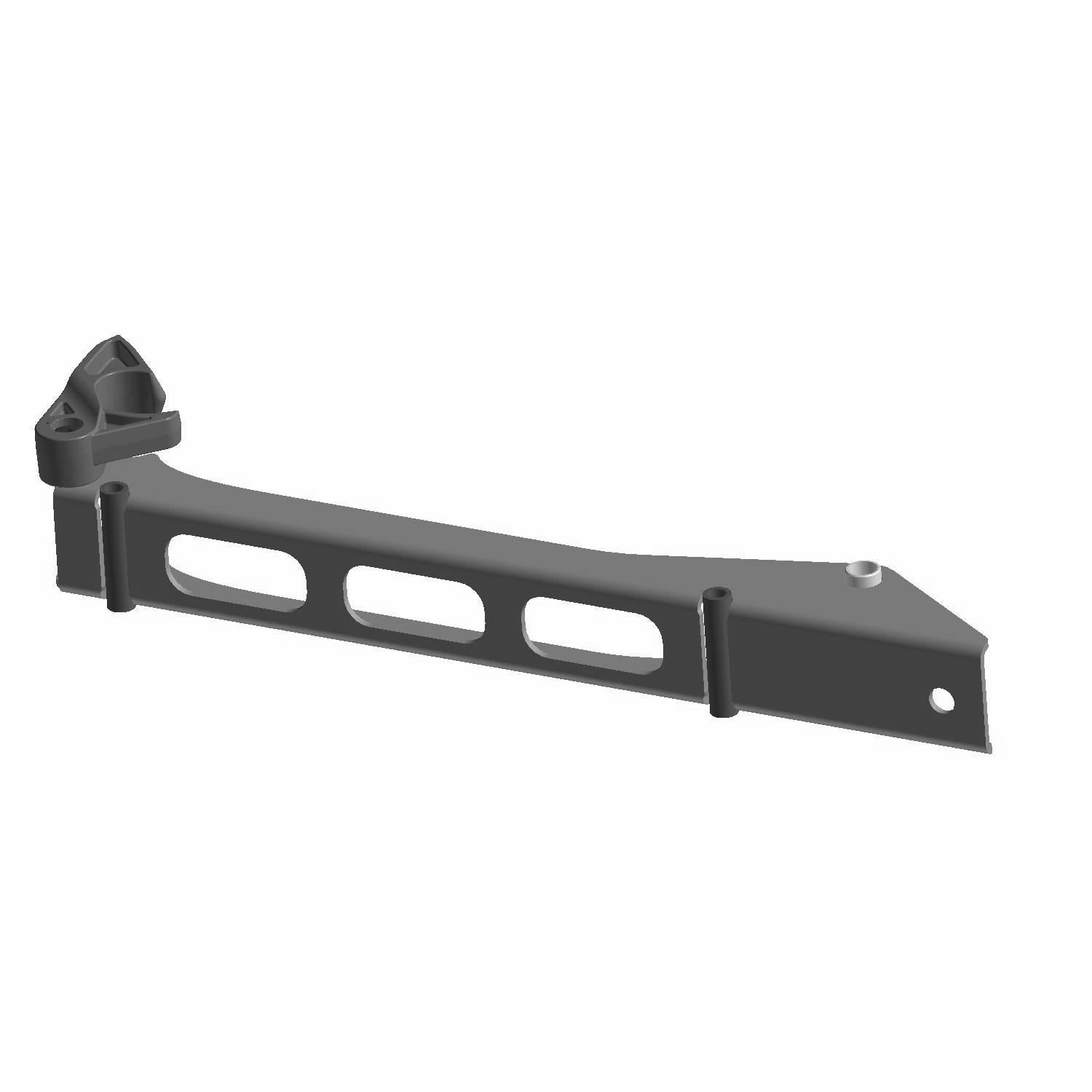 Black metal Receiver Man seat slide extension bracket with a triangular cutout and mounting hole on one end.