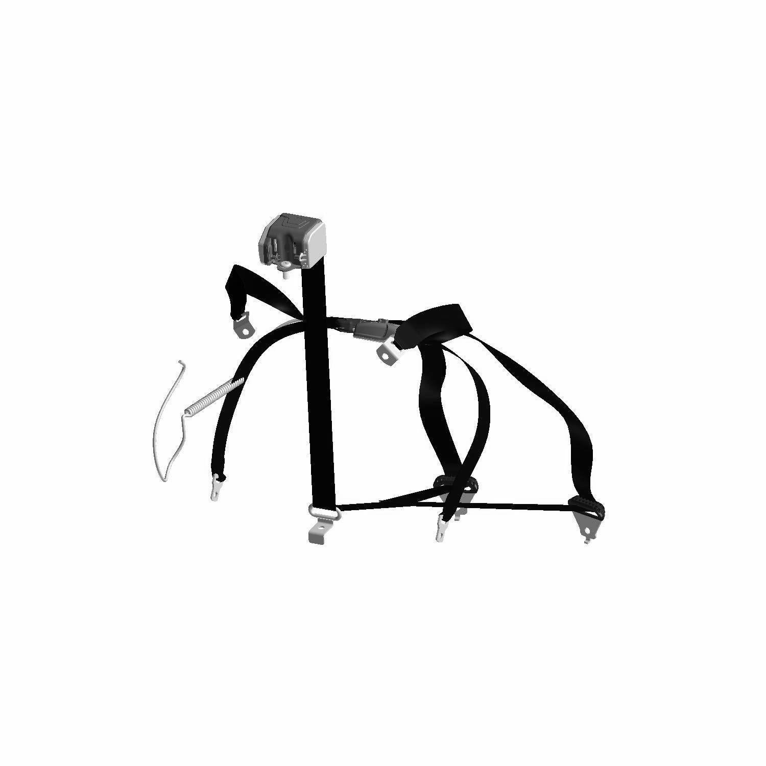 Black fabric multipoint seat belt harness with metal clips and adjusters designed for left side installation.