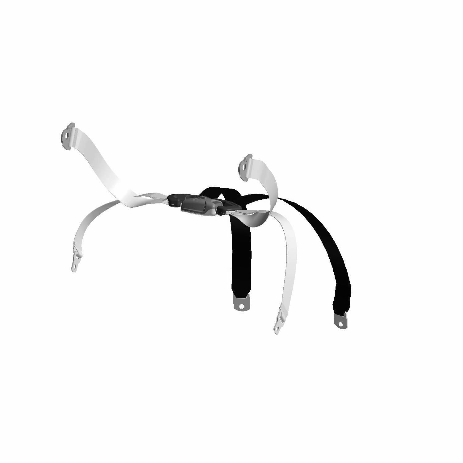 Six-point rear passenger seat belt harness in black and gray with metal buckle clips.