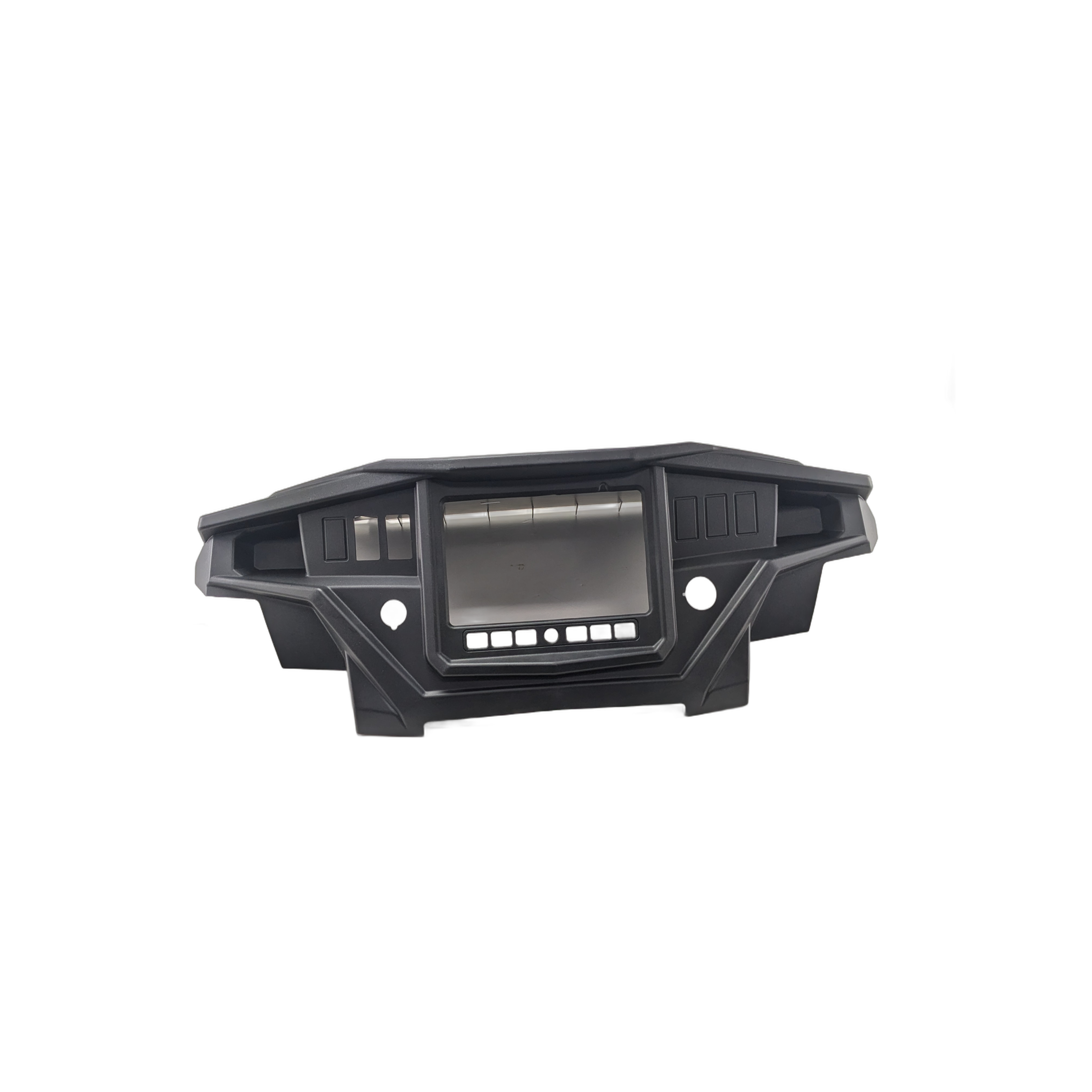 Black plastic upper assembly panel with angular design and multiple rectangular cutouts for controls or display.