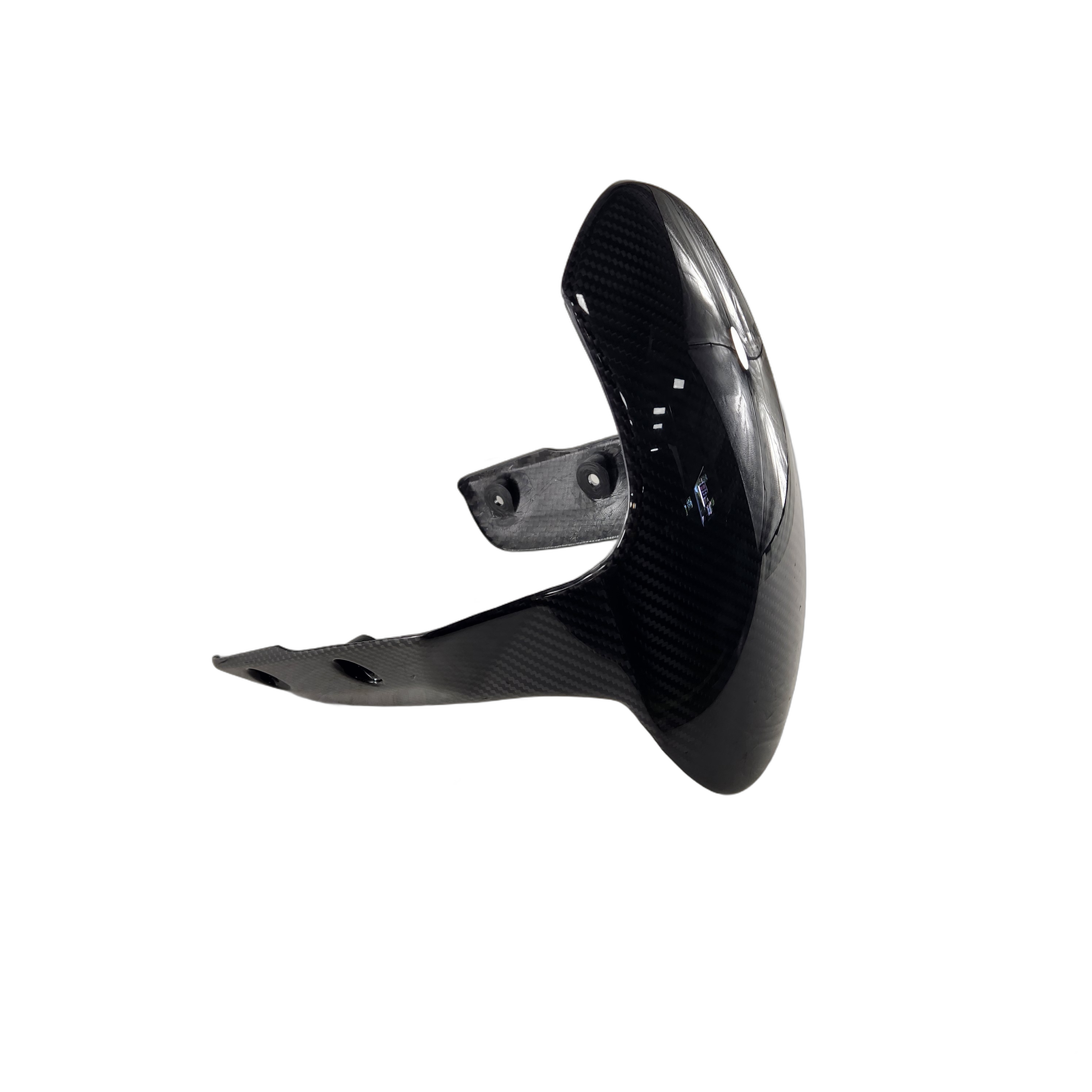 The Fender-Front 17 Cf by Polaris is a black carbon fiber front fender with a glossy finish, designed for OEM Indian Polaris motorcycles. It features mounting holes, a curved aerodynamic shape, and is displayed on a white background.