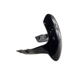 The Fender-Front 17 Cf by Polaris is a black carbon fiber front fender with a glossy finish, designed for OEM Indian Polaris motorcycles. It features mounting holes, a curved aerodynamic shape, and is displayed on a white background.