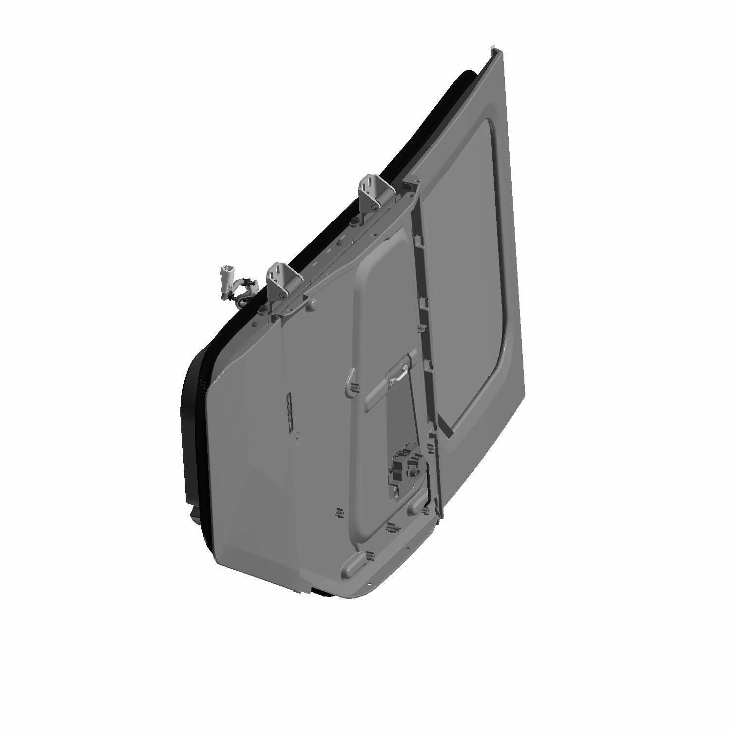 Gray metal rear left door panel for Polaris UTV with black trim and mounting hardware.