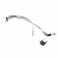 Gray three-point seat belt with black locking mechanism and metal mounting hardware.