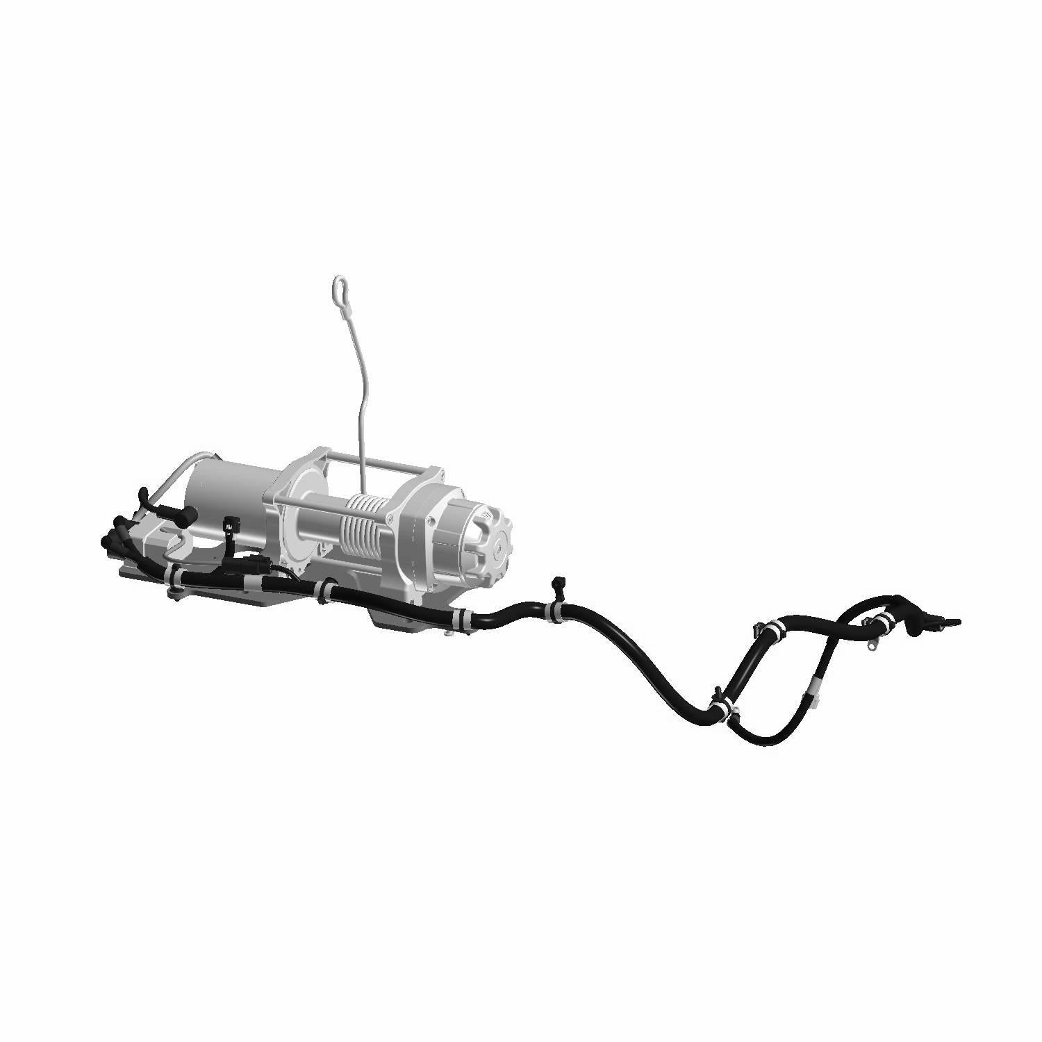 Compact metallic off-road winch with mounting frame and hook attachment cable.
