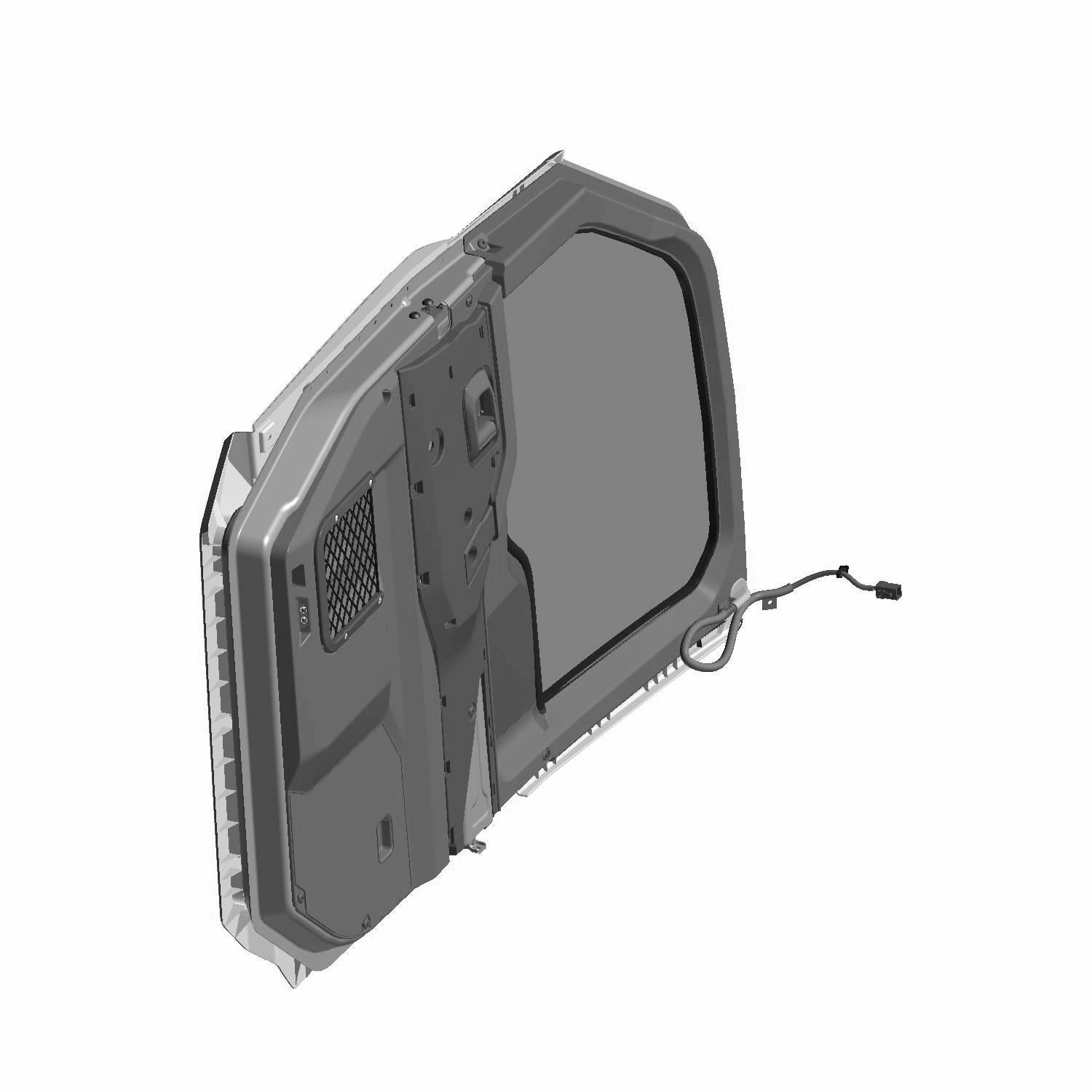 Gray automotive UTV door panel with window frame and wiring harness attachment points.