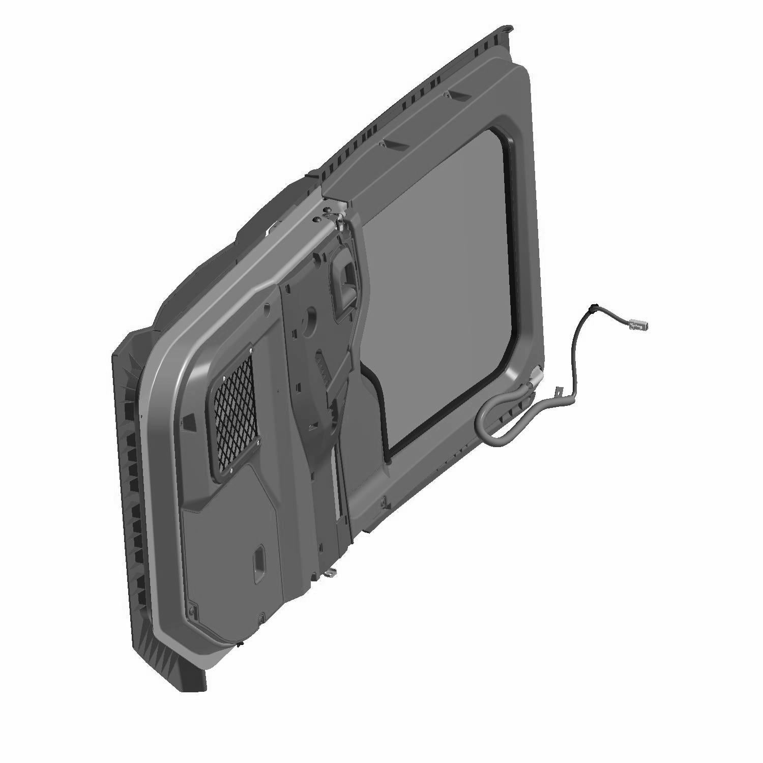 Black right-side UTV door with window, frame, and wiring harness for Polaris Ranger XP model.