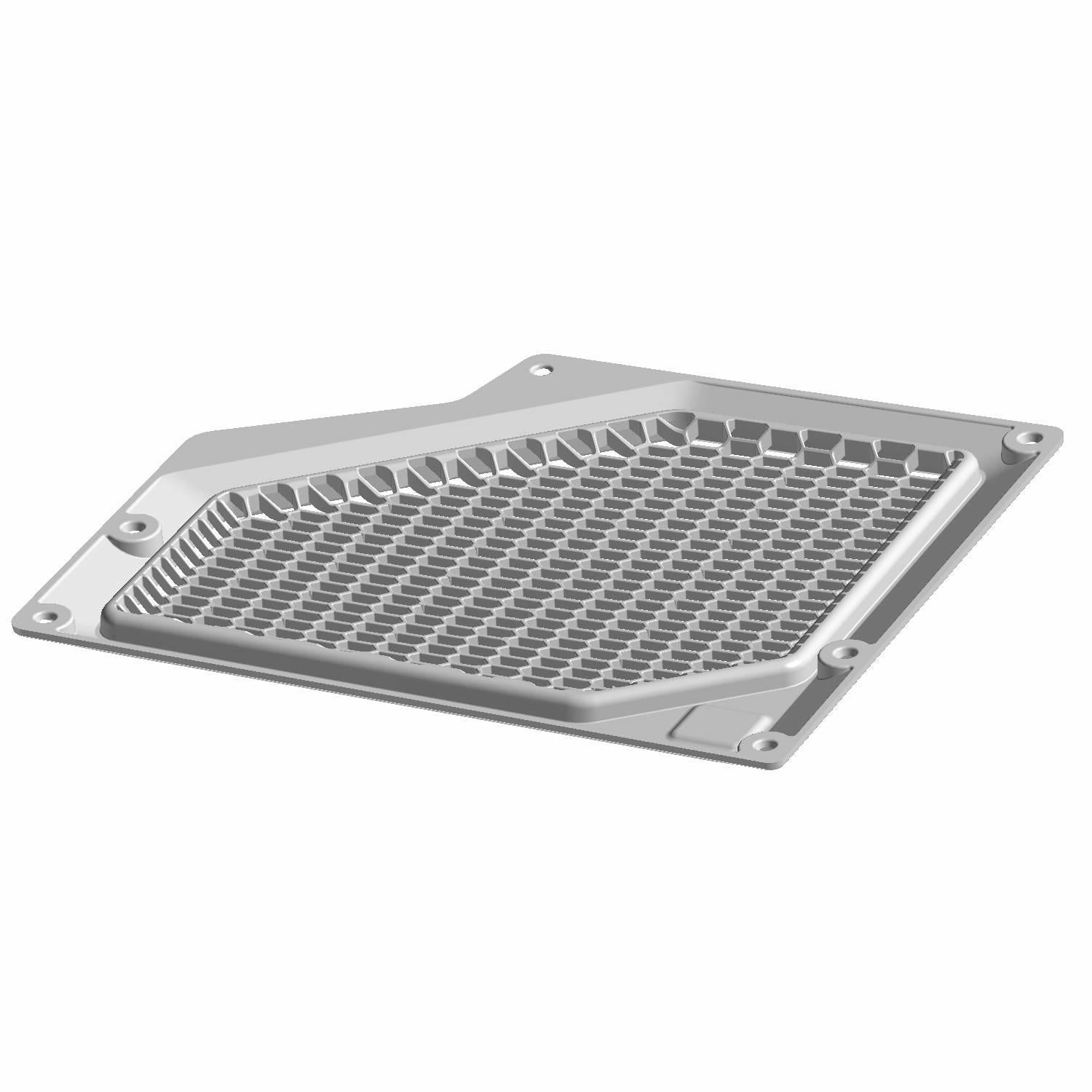 Silver metal speaker grille cover with hexagonal mesh pattern and four mounting holes.