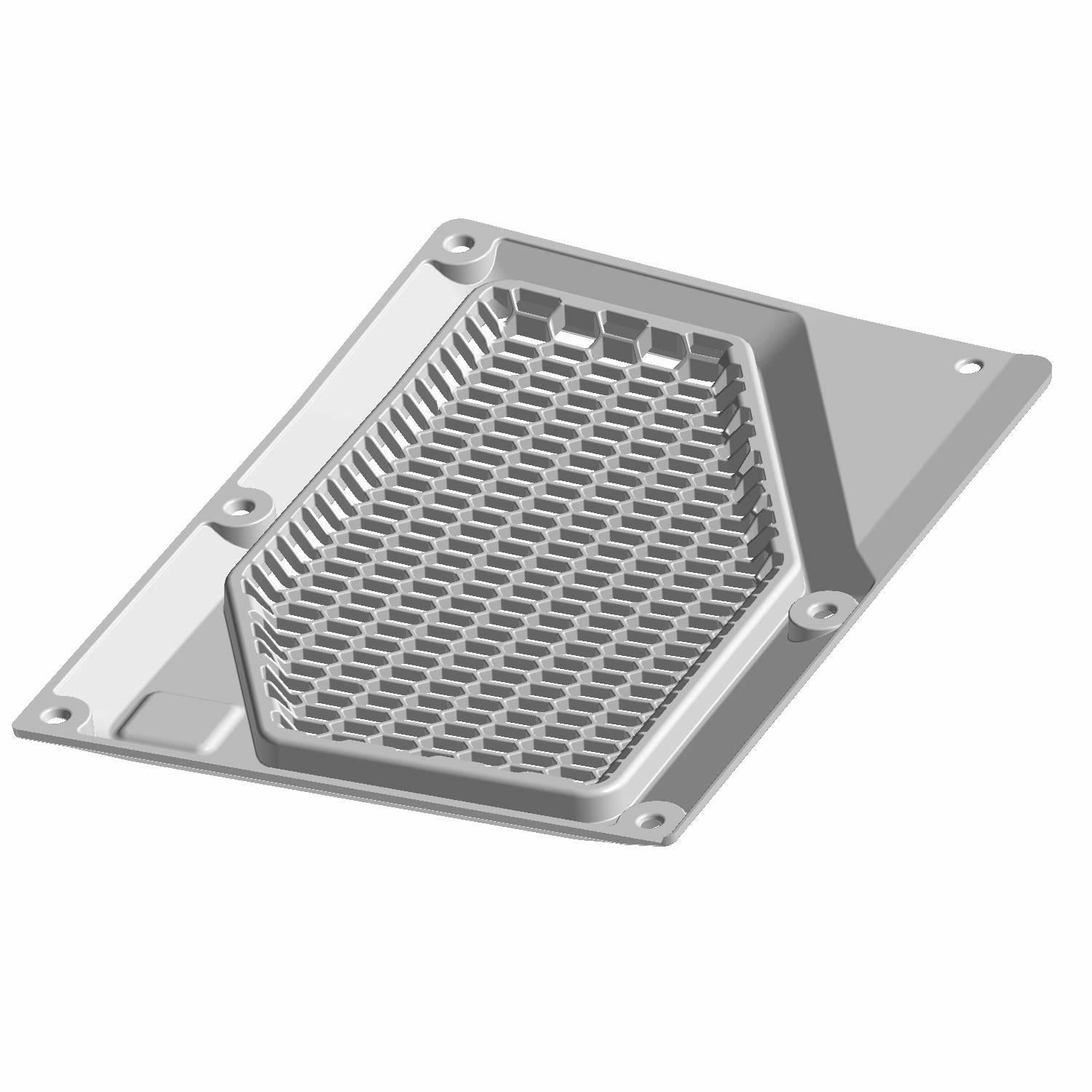 Gray hexagonal-patterned metal speaker grille with mounting holes on a rectangular base plate.