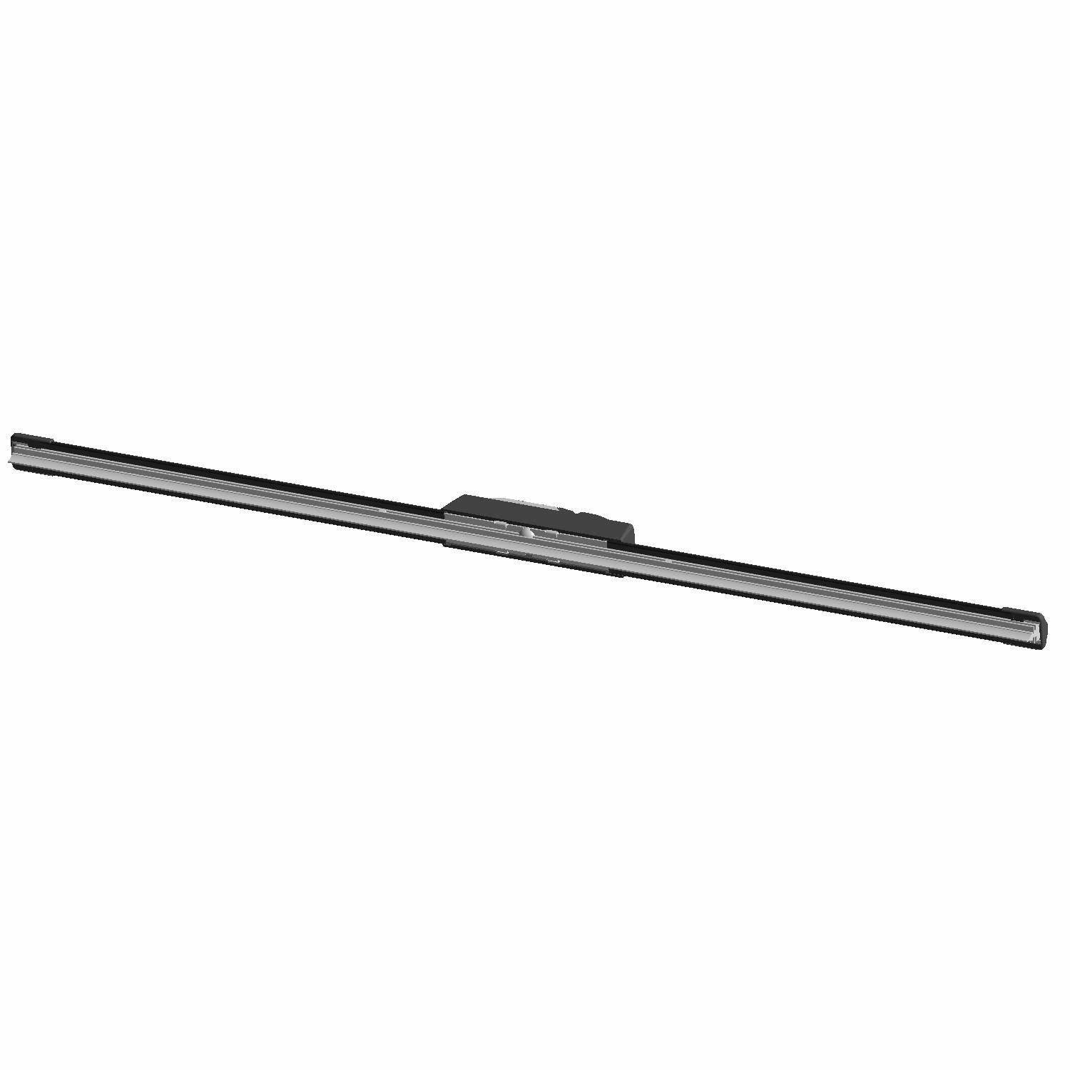 Black rubber windshield wiper blade with slim, straight design and central mounting bracket.