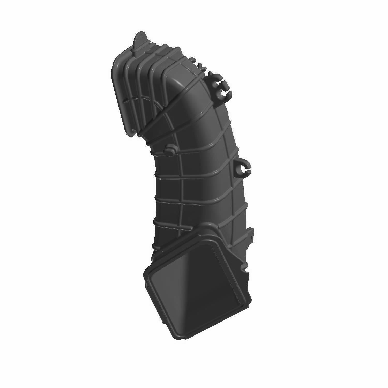 Black molded plastic clutch duct outlet with curved ribbed design and mounting points for Polaris UTVs.
