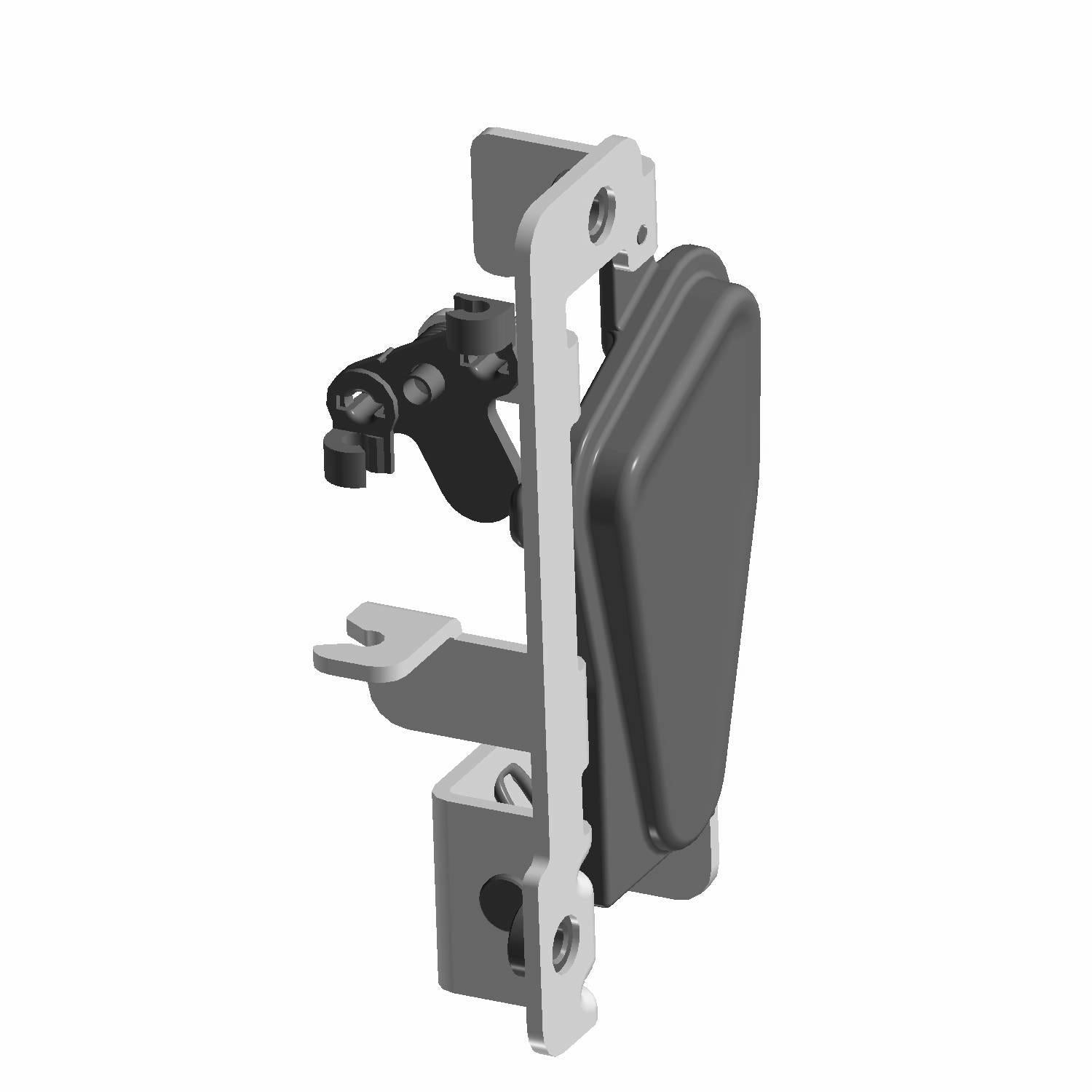Right-side Polaris door actuator latch with black plastic handle and silver metal mounting bracket.